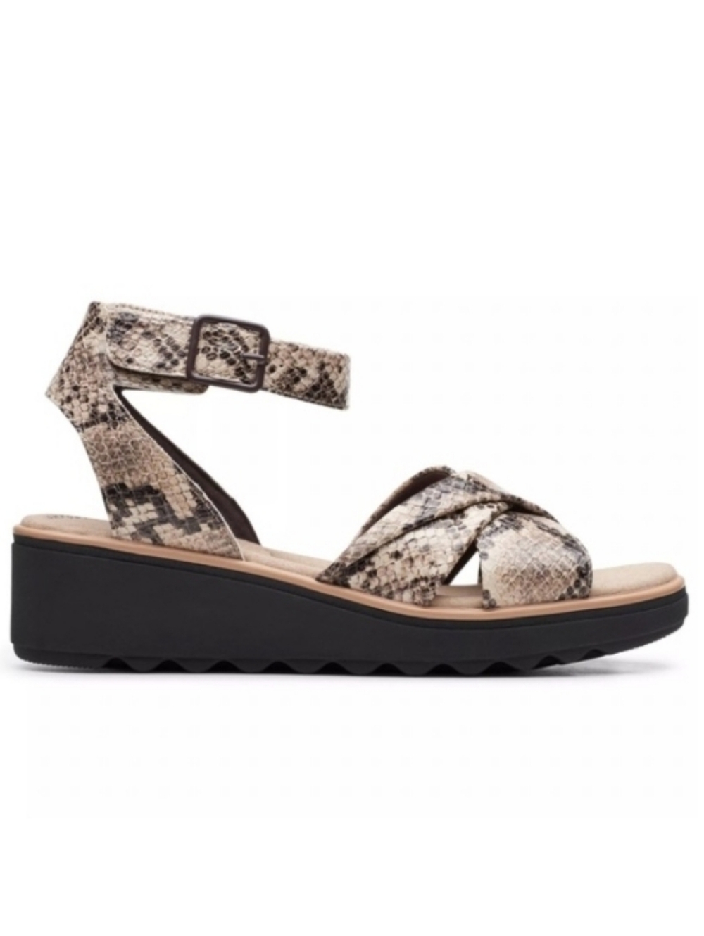 NWT Clarks Jillian Bella Taupe Snake-Print Ankle Strap Comfort Wedge Sandals 10M